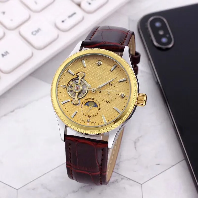 Top marque Gold Mens montres 40mm Cadran Phase de Lune étanche mode homme montres Mécanique Automatique Bracelet En Cuir Montre Pour 247D