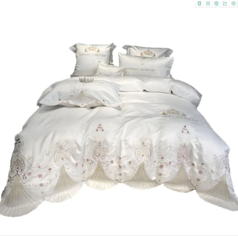 Luxury Europen Jacquard sängkläder set 4st White broderi säng täcker silkeslen satin bomull prinsessan täcke täcke täcke sängkläder pillowc226j