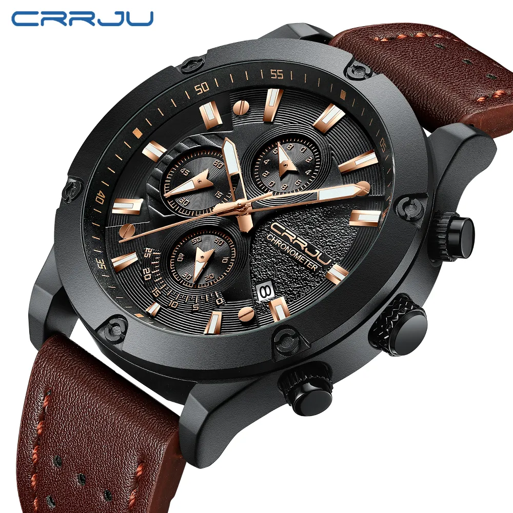 Crrju Fashion Watch Men New Design Chronograph Big Face Quartz armbandsurer Mäns utomhussportkläder Klockor Orologio UOM2426