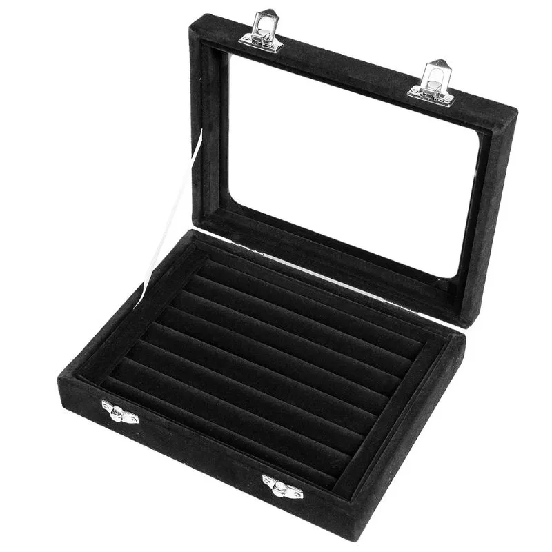 Velvet Glass Ring Earring Jewelry Display Organizer Box Tray Holder Storage Case2581
