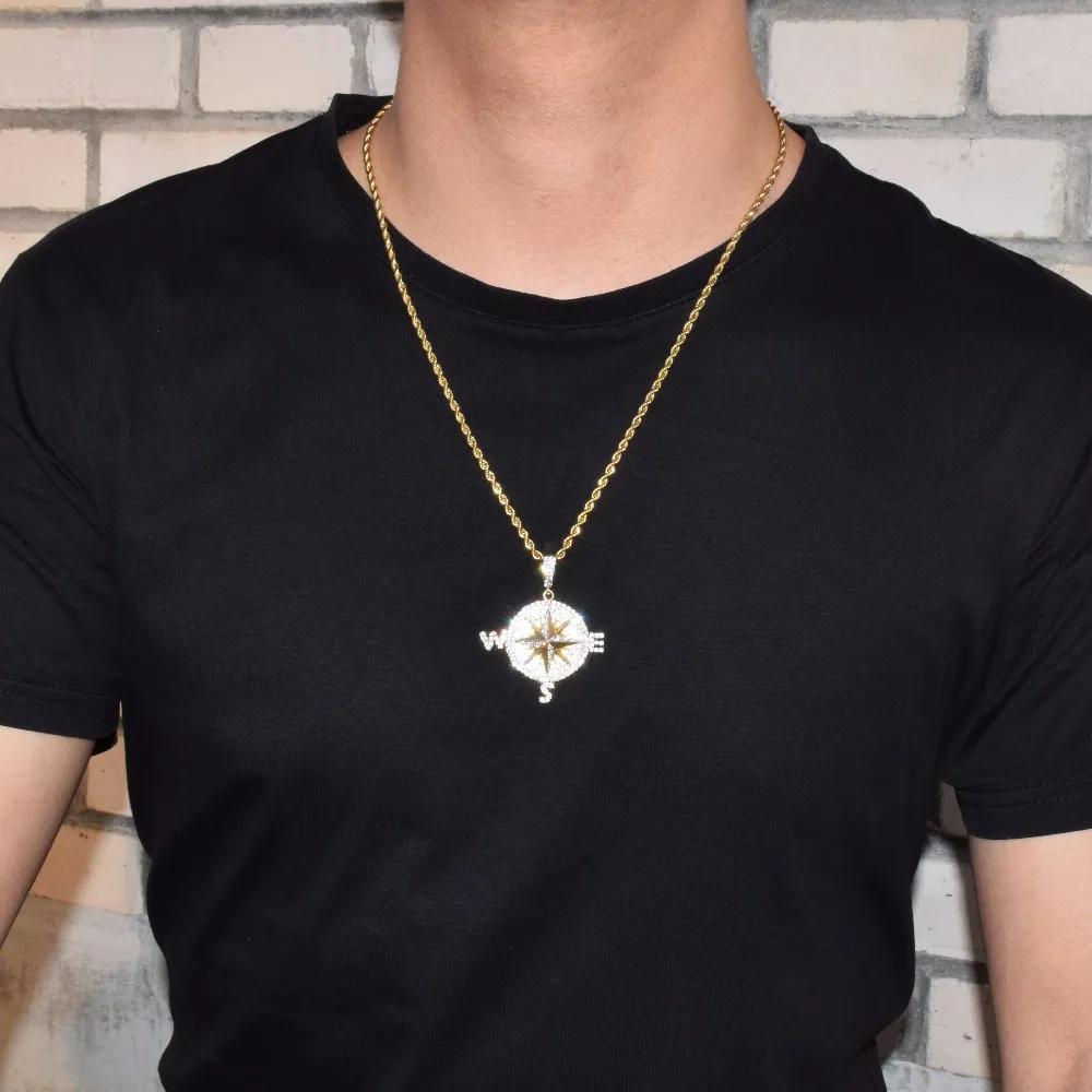 Collier pendentif en forme de boussole pour hommes, couleur or argent, Zircon cubique glacé, bijoux Hip hop avec corde, chaîne 315t