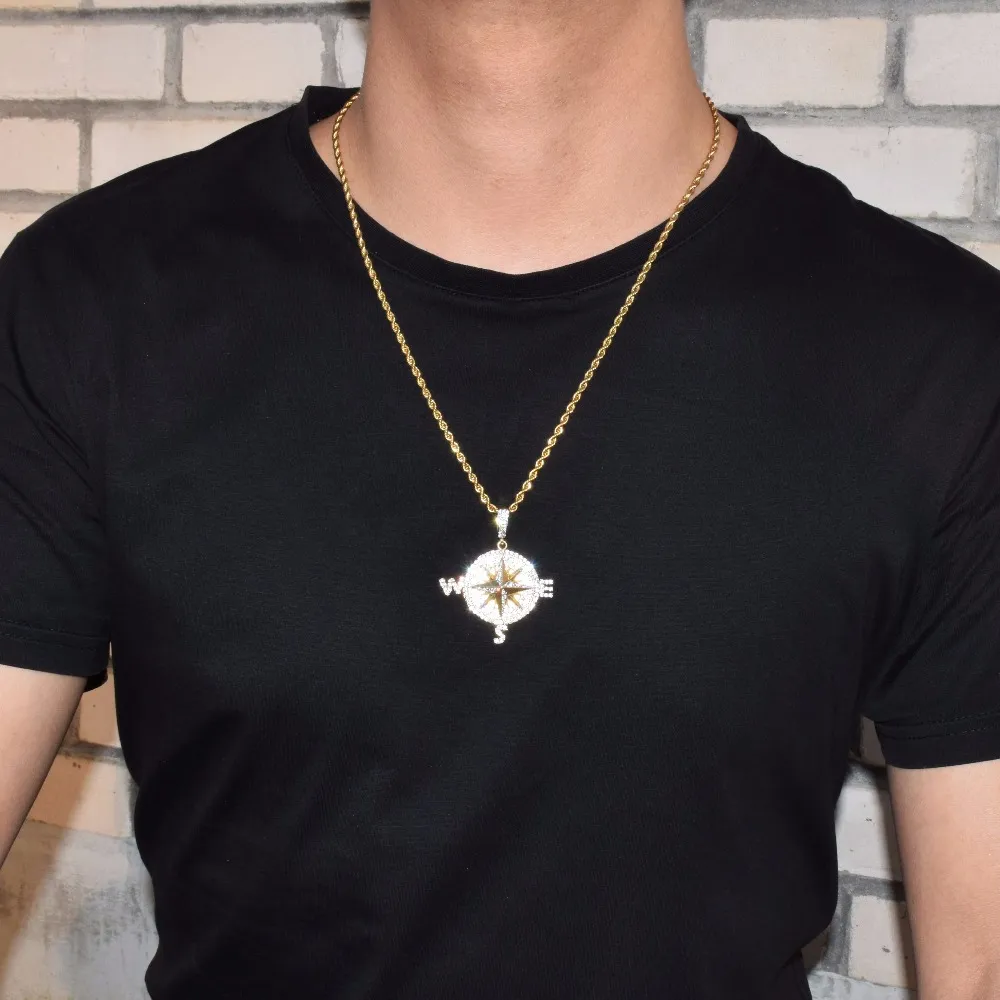 Kompas Vorm Ketting Hangers Goud Zilver Kleur Iced Kubieke Zirkoon Heren Hip Hop Sieraden Met Touw Chain231F