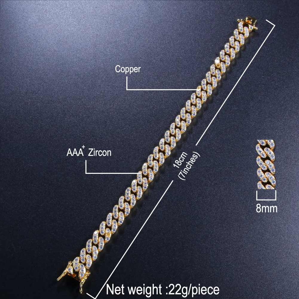 골드 실버 컬러 마이크로 포장 8mm cz 마이애미 쿠바 체인 목걸이 팔찌 힙합 남성 아이스 아이스 CZ 패션 보석 선물 305i