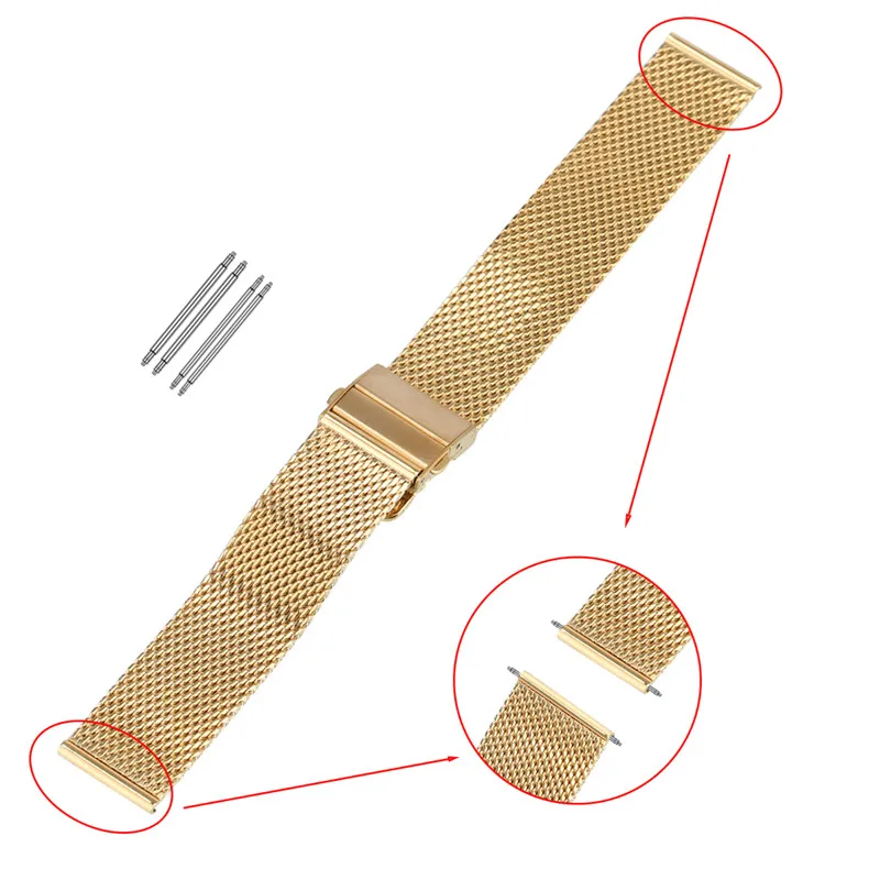 Högkvalitativ gult guldblå ​​18 20 22mm Mesh Rostfritt stål Band Watch Strap Replacement Armband raka ändar Krok Buckle209s