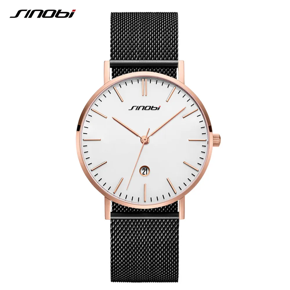 Sinobi Mens Watches Male Business rostfritt stål Mesh Band Calender Quartz Wristwatch Simple Analog Men tittar på läderband set257f