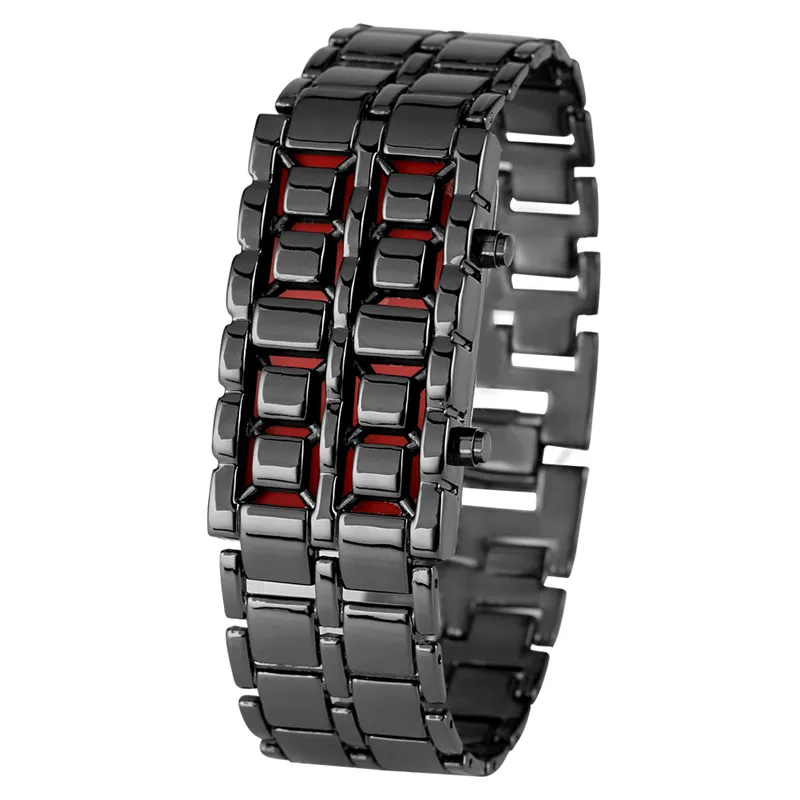 Mode noir argent plein métal numérique lave montre-bracelet hommes rouge bleu LED affichage hommes montres cadeaux pour homme garçon Sport Crea236a