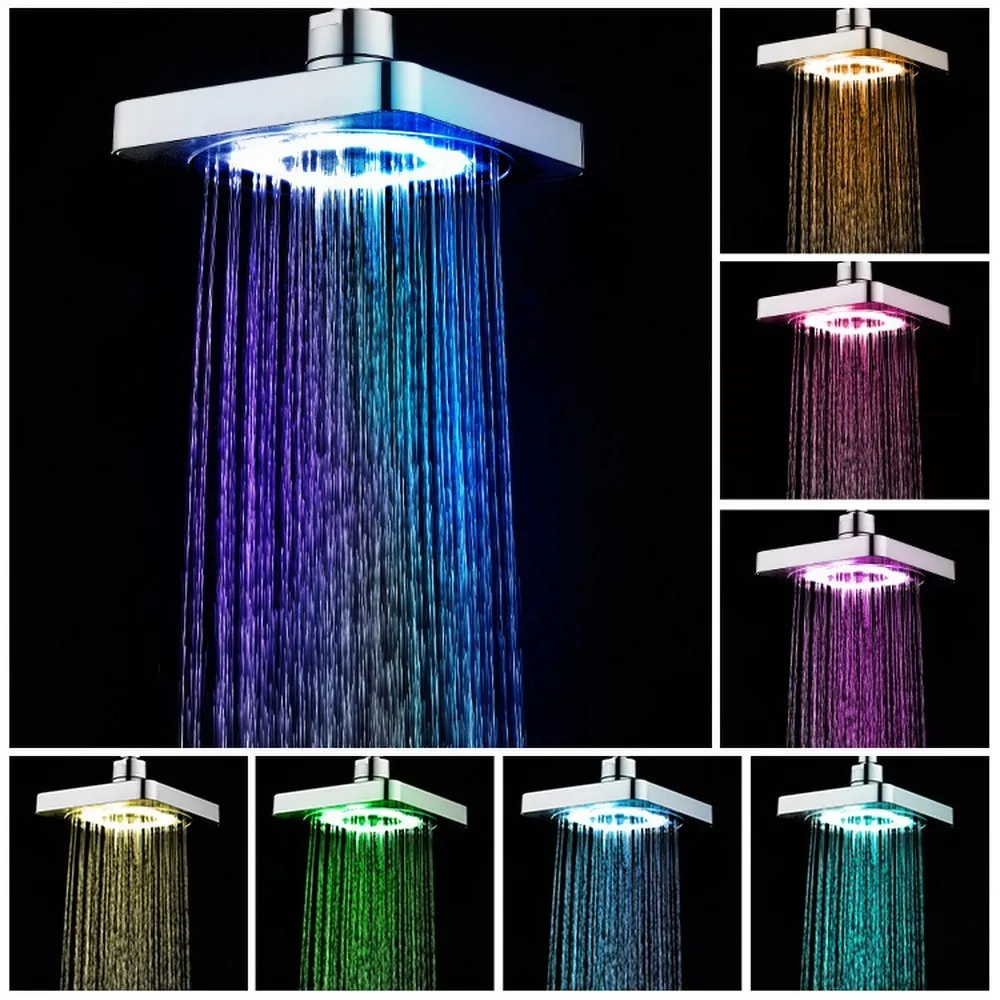 2021 Nouveau 6 pouces LED coloré décoloration en acier inoxydable douche pluie pomme de douche haute pression pluie douche carré bain Fau8602742