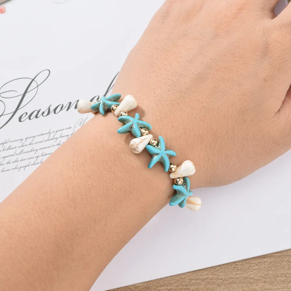 12 pièces ensemble pierre naturelle coquille étoile de mer bracelet à breloques Bracelets femmes tressé réglable chaîne bracelets de cheville Bracelet bijoux 237H
