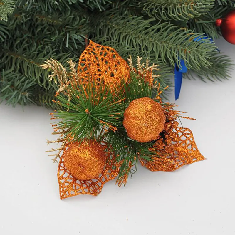 Christmas Decorations Cuttings Artificial Sequins Pine Branch Cone Glitter Poinsettia Home Ornament Festival Tree Decor Part2063