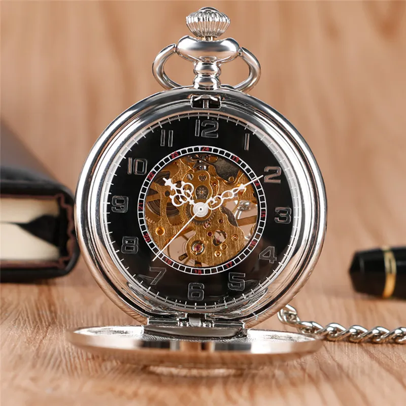 Bronze Vintage Skelett Mechanische Handwicklung Unisex Taschenuhr Arabische Zahlen Analoge Zifferblatt Uhren für Männer Frauen Geschenkset210i