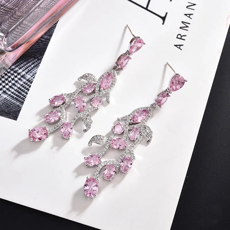 Orecchini con foglie di cristallo viola le donne Nuovi gioielli da sposa di lusso Orecchini pendenti lunghi in argento 5409794