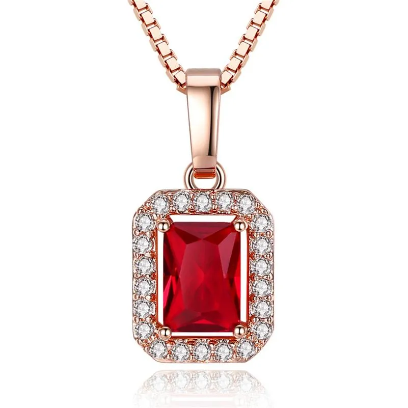 Mode luxe or Rose carré pendentif collier femmes mariage fiançailles rouge cristal strass Zircon colliers cubique Zircon P205H
