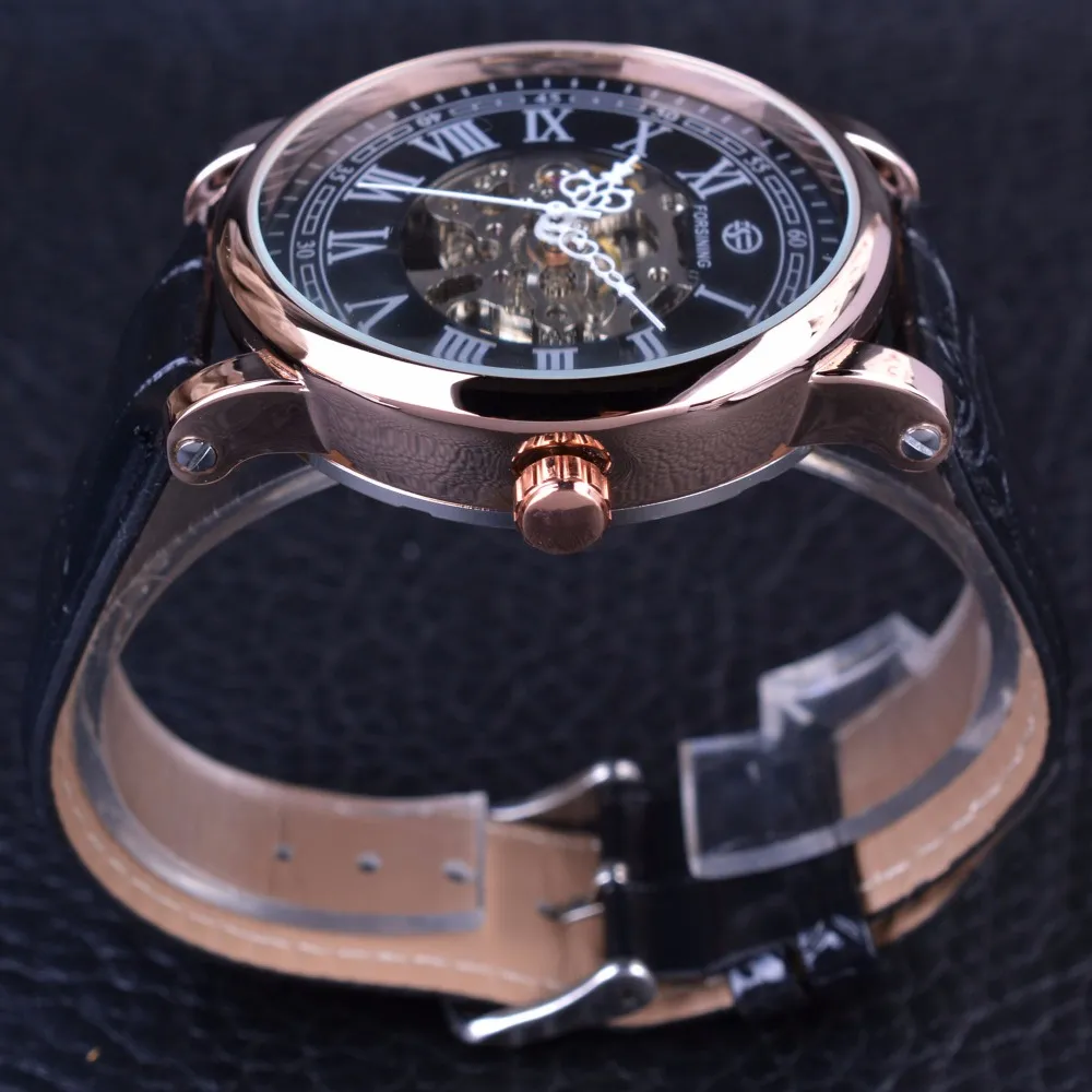 Часы серии Forsining Retro, римский скелетон, черный циферблат, механические часы, розово-золотой корпус, мужские автоматические часы, лучший бренд Lu284I