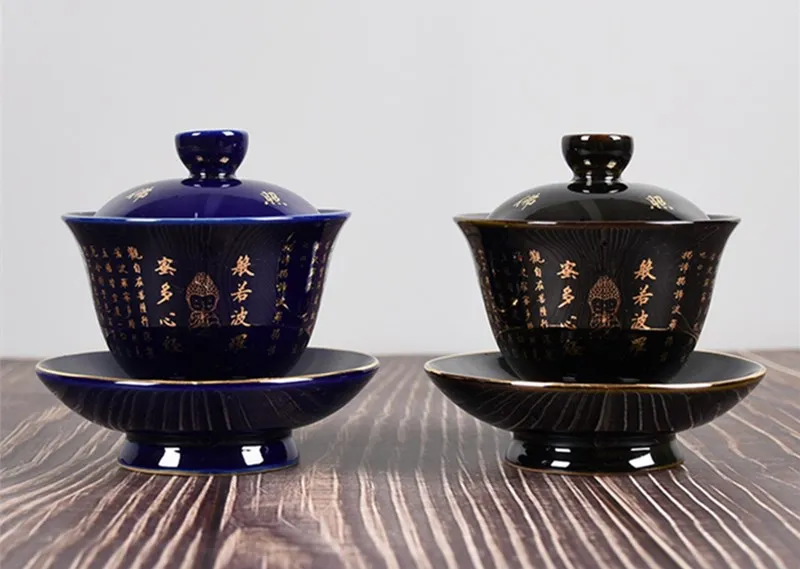 Ceramica Zen Gaiwan Buddha Smalto Porcellana Zuppiera da tè Colore blu e nero Creativo Vintage Kung Fu Ciotola Tazza e piattino267d