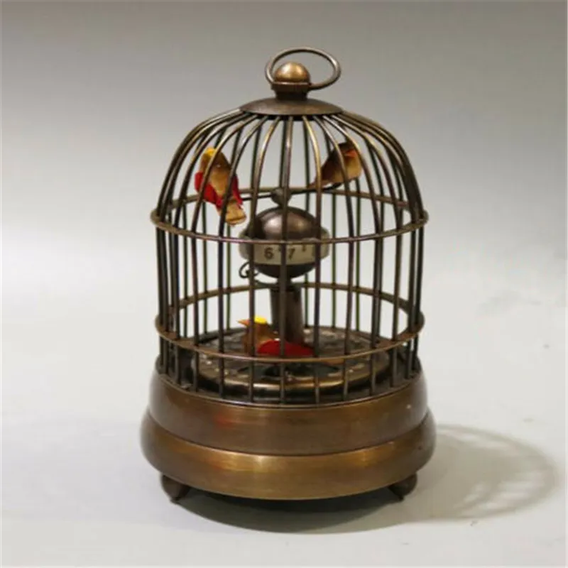 Novo colecionável decorar o trabalho manual antigo de cobre dois pássaros em gaiola tabela mecânica clock252f