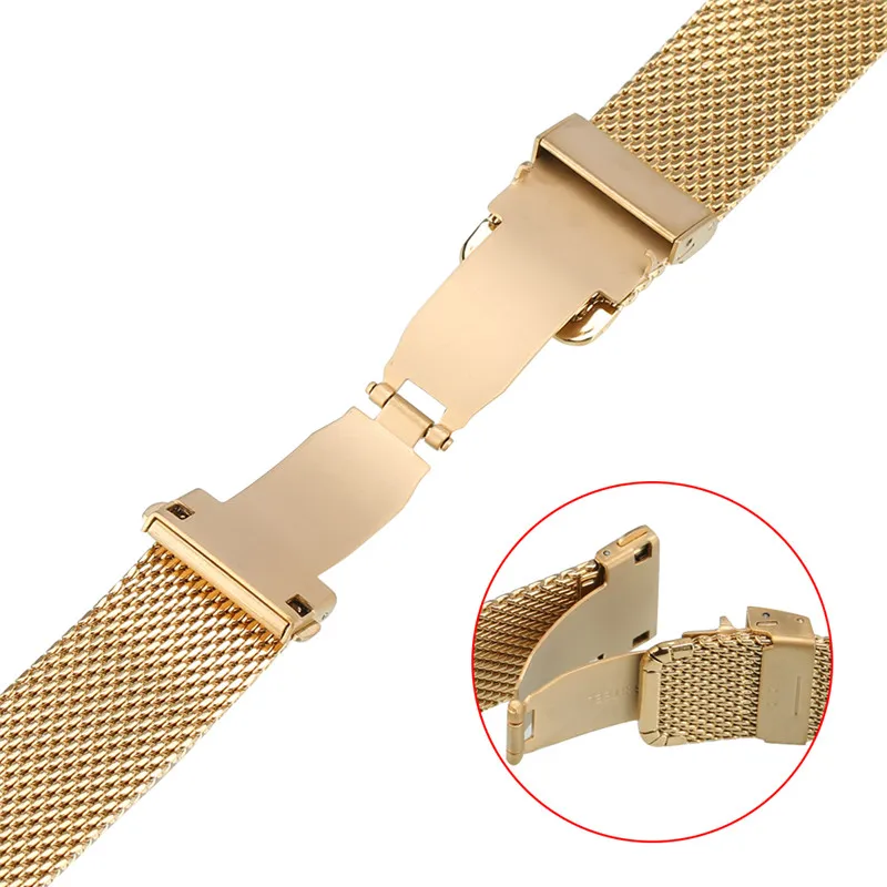 Hoge kwaliteit geel goud blauw 18 20 22 mm mesh roestvrijstalen band horlogeband vervangende armband rechte uiteinden haak Buckle288Q