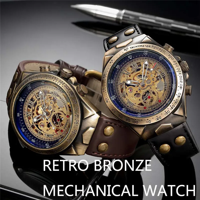 Men Watch Skeleton Automatic Mechanical Male Clock Top Brand Luxury Retro Bronze Sport Military Wristwatch Relogio Masculino J1907211a