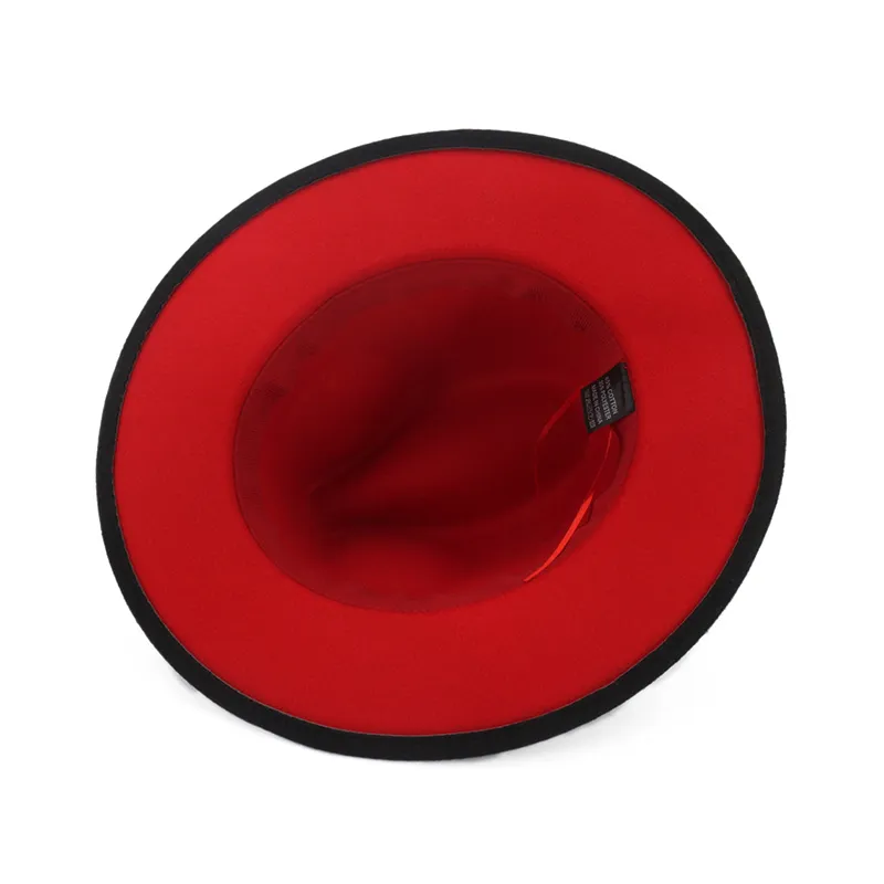 Trend Red Black Patchwork Wool Felt Jazz Fedoras hatt för män Kvinnor Toppmössa Vinterpanama Kvinnor Hattar för kyrka British Flat Caps Y215V