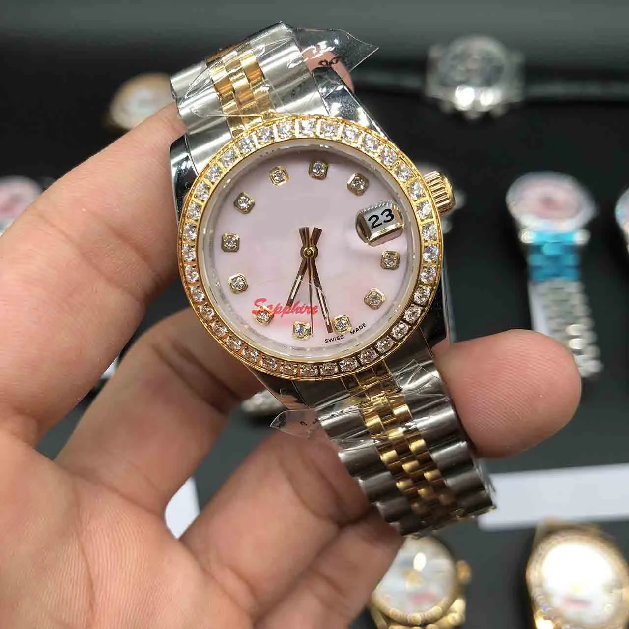 DateJust 시계 다이아몬드 마크 핑크 쉘 다이얼 여성 스테인리스 시계 여성 자동 손목 시계 발렌타인 선물 32mm211c