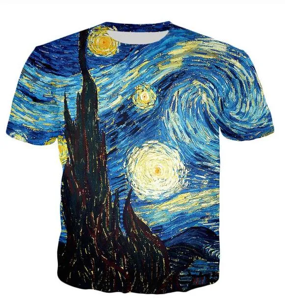Yeni Moda Erkek / Kadının Vincent Van Gogh Yağlıboya Yıldızlı Gece Yaz Tarzı Tees 3D Baskı Rahat T-Shirt Tops Artı Boyutu BB0164