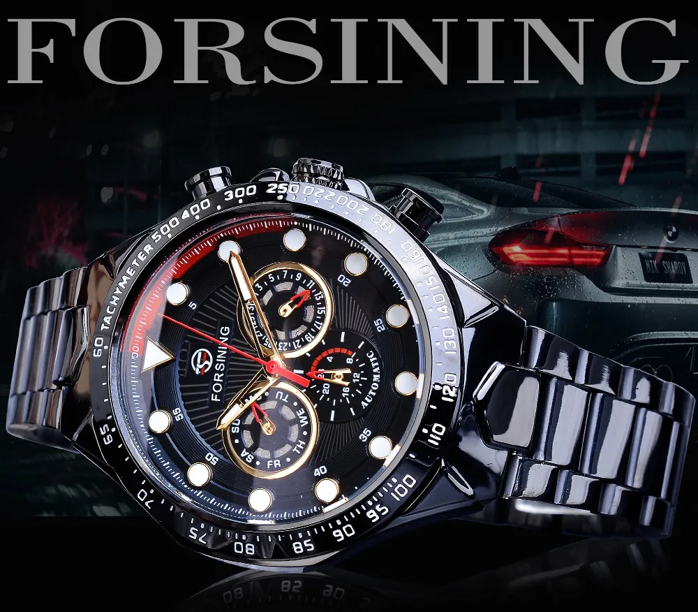 Forsining Relógio Automático Masculino Preto Auto-Vento Velocidade Carro Masculino Data Pulseira de Aço Militar Pulso Mecânico Relojes Hombre248M