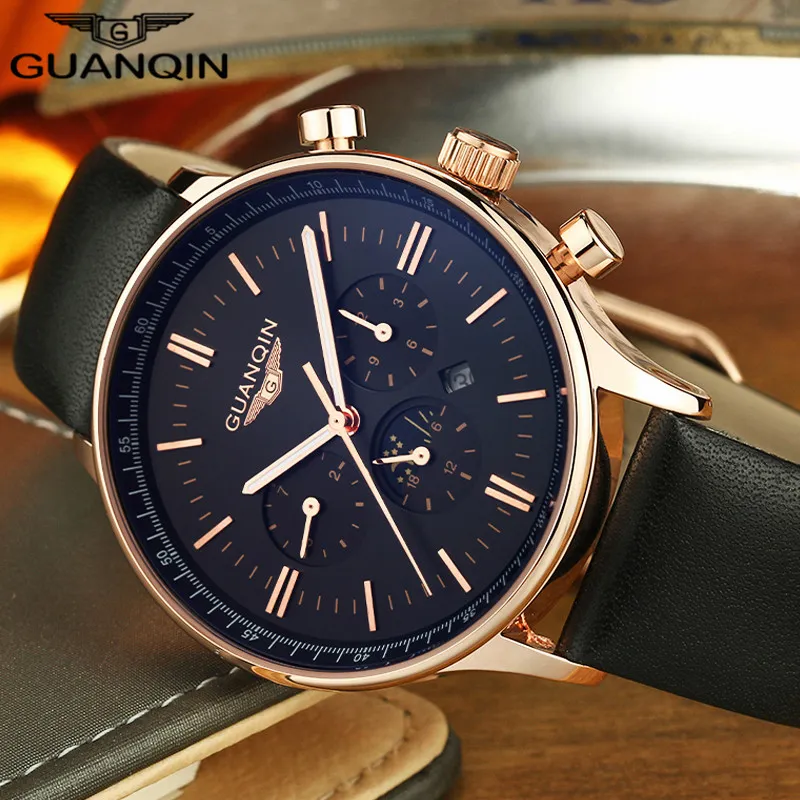 Relogio masculino GUANQIN Heren Horloges Topmerk Luxe Chronograaf Militaire Quartz Horloge Mannen Sport Lederen Band Polshorloge2737