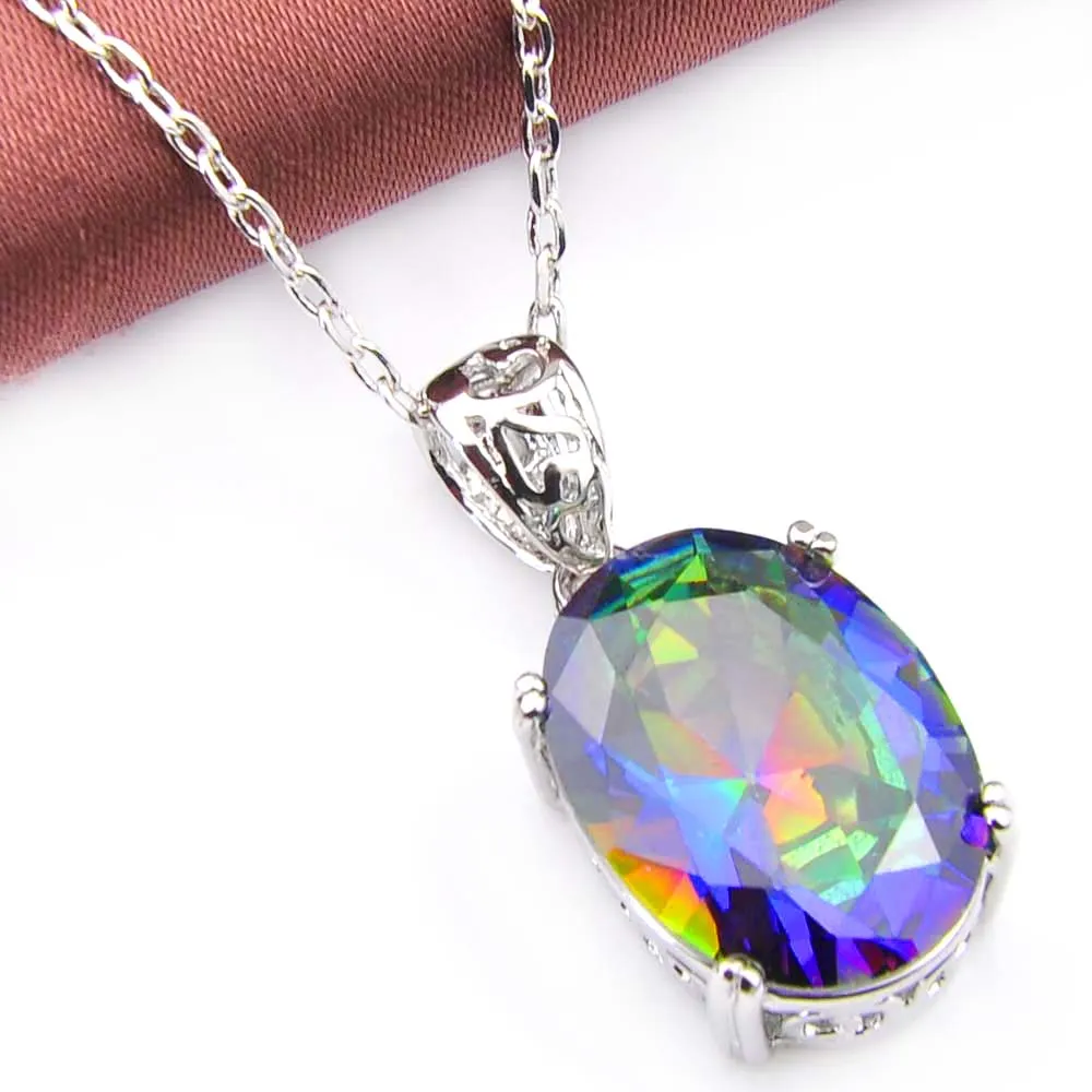 LuckyShine 6st Holiday Gift Oval Rainbow Blue Mystical Topaz Gemstone 925S Silver Halsband CZ Pendants Jewelry Unisex246o