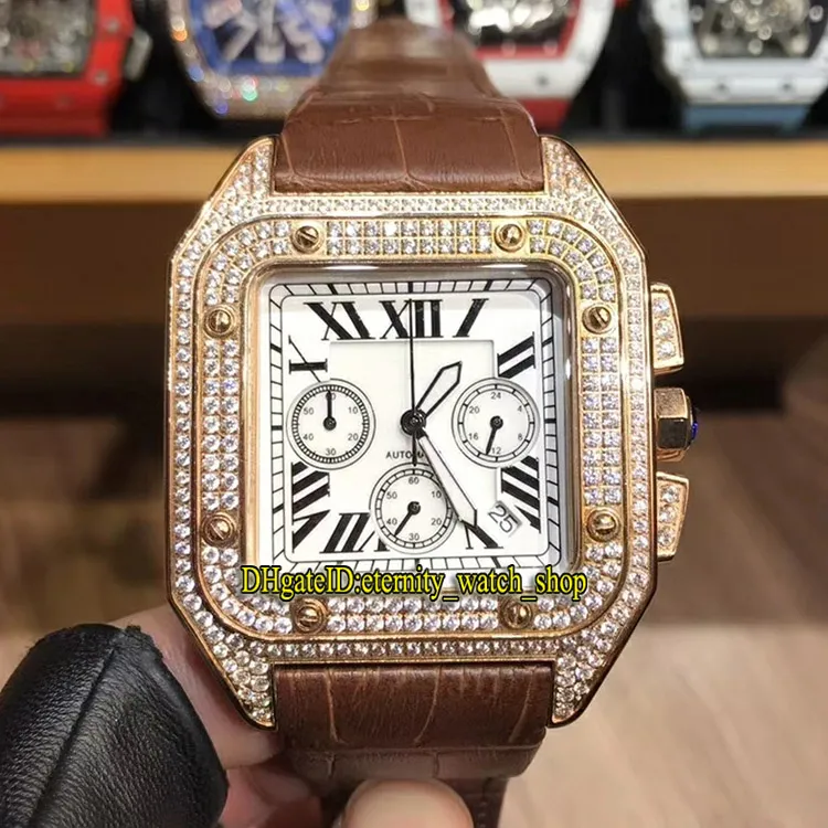 Nieuwe luxe 45MM WGSA0017 W2SA0008 zwarte wijzerplaat Japan VK quartz chronograaf herenhorloge gouden diamanten kast lederen band Spor247H