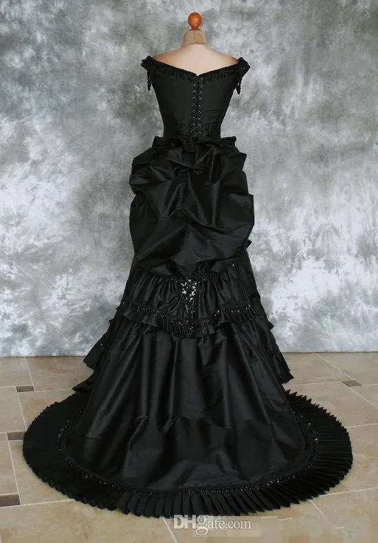 Beaded Gothic Victorian Bustle Prom Gown with Train Vampire Ball Masquerade Halloween Black Evening Bridal Dress Steampunk Goth 19336P