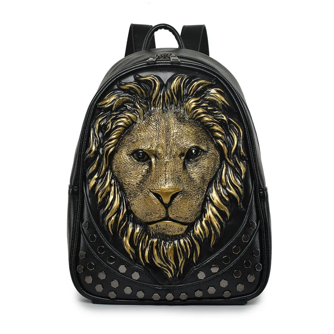 Erkekler sırt çantası deri yumuşak 3d kabartmalı aslan başlık çivili perçin goter seyahat punk kaya sırt çantası dizüstü bilgisayar cadılar bayramı çantası184m