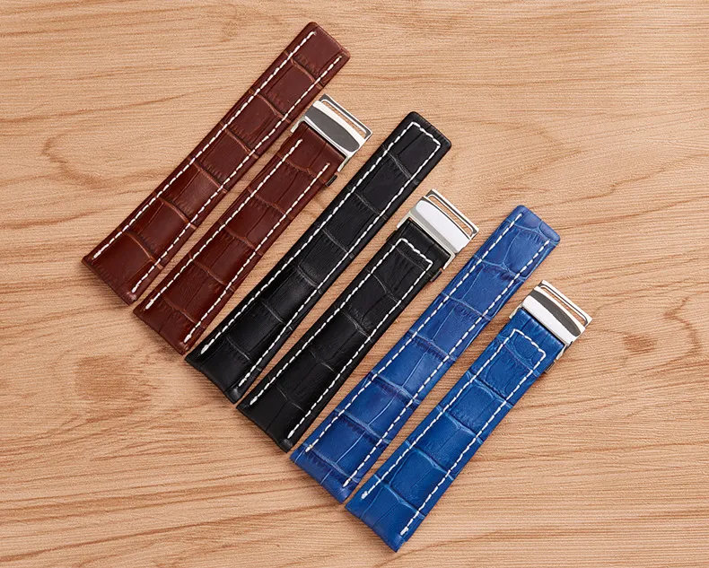 Watchband 22mm 24mm Black Brown Blue Watch band Crocodile Lines Genuine Leather Strap Stainless Steel Folding Buckle Suitable For 292w