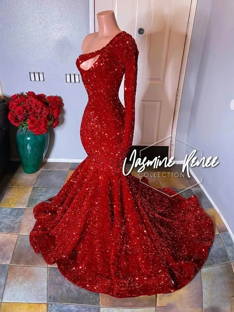 Czerwone cekiny na ramię syrenę długie sukienki balowe 2020 Ruchowa suknia wieczorowa z długim rękawem Plus Formal imprezy zużycie BC3613 298E
