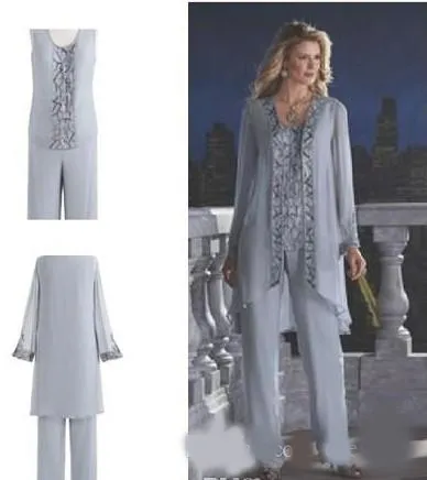 Mother Of The Bride Groom Pant Suit Silver Chiffon Beach Wedding Mothers Dress Long Sleeves Beads Formal Evening Wear285b