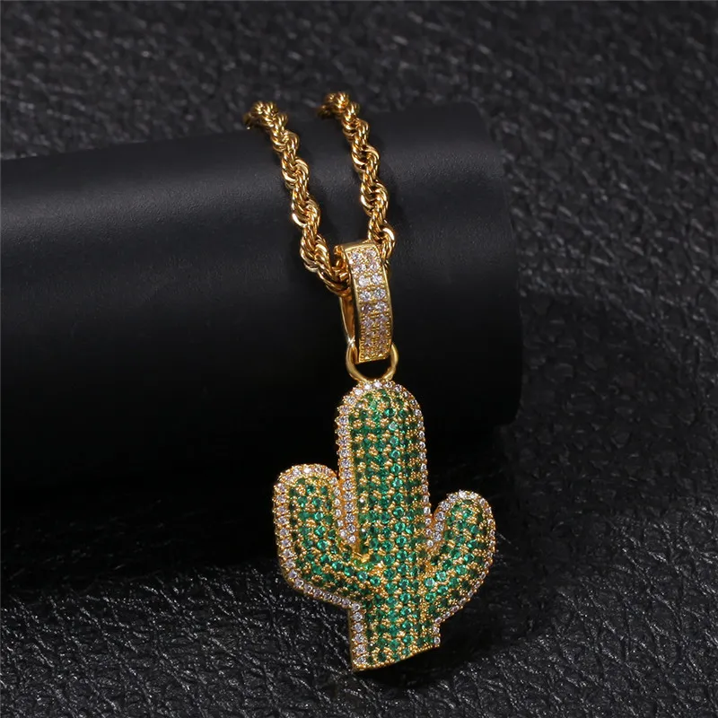 2019 Summer Green Cactus ketting Iced Out Cubic Zirkon Gold White Compated Mens Hip Hop Jewelry Gift248y