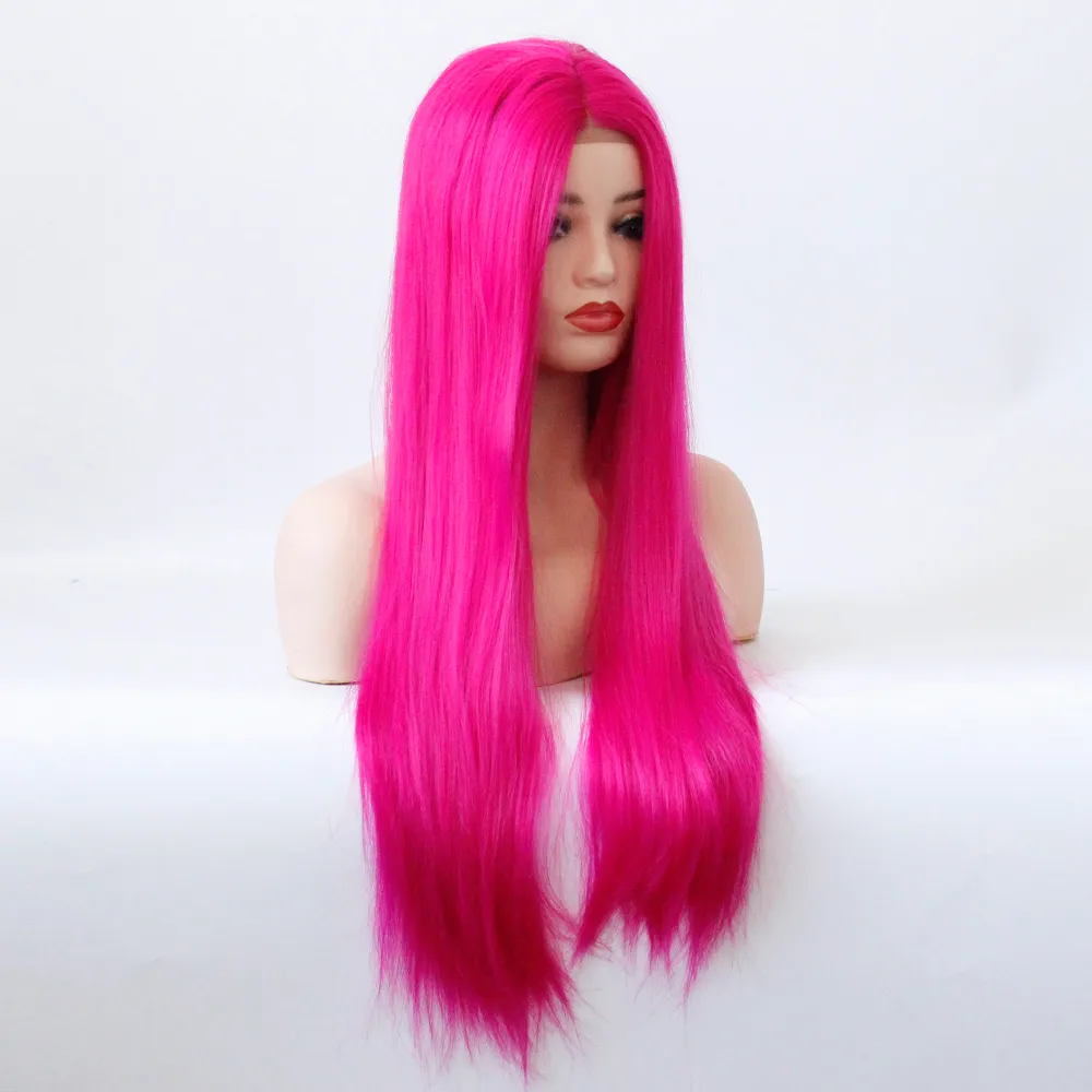 Middle Part Wig Hand Tied Rose Red Color Straight Heat Resistant Hair Cosplay Drag Queen Glueless Synthetic Lace Front Wigs (4)