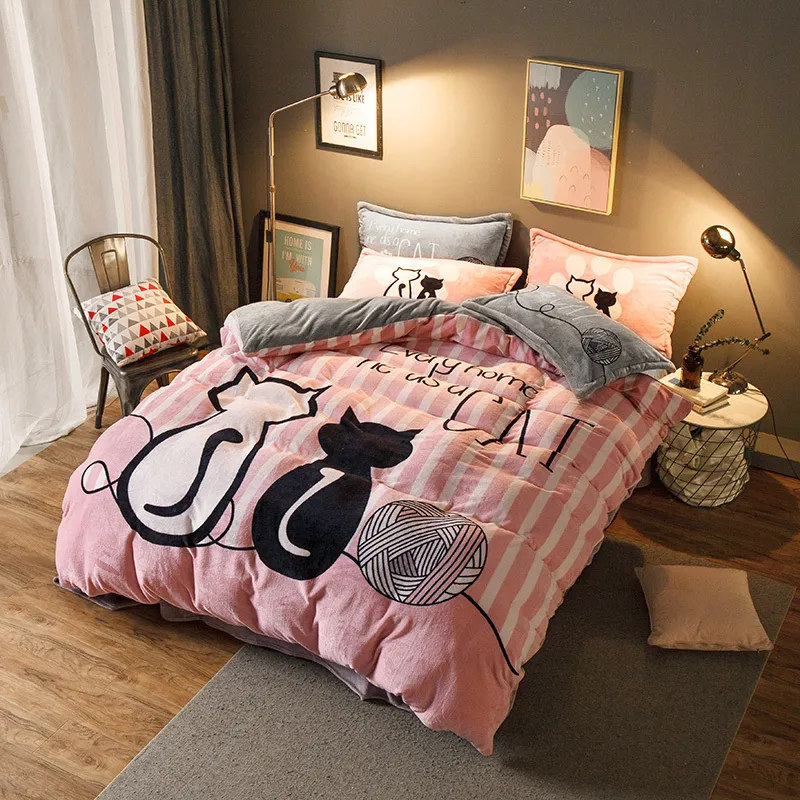 Luxury Bedding Set Flannel Cartoon Pink Cat Duvet Cover Set Queen Size Bed Linen Valentine Cute Bed Sheet Kids Bedding T200706343O