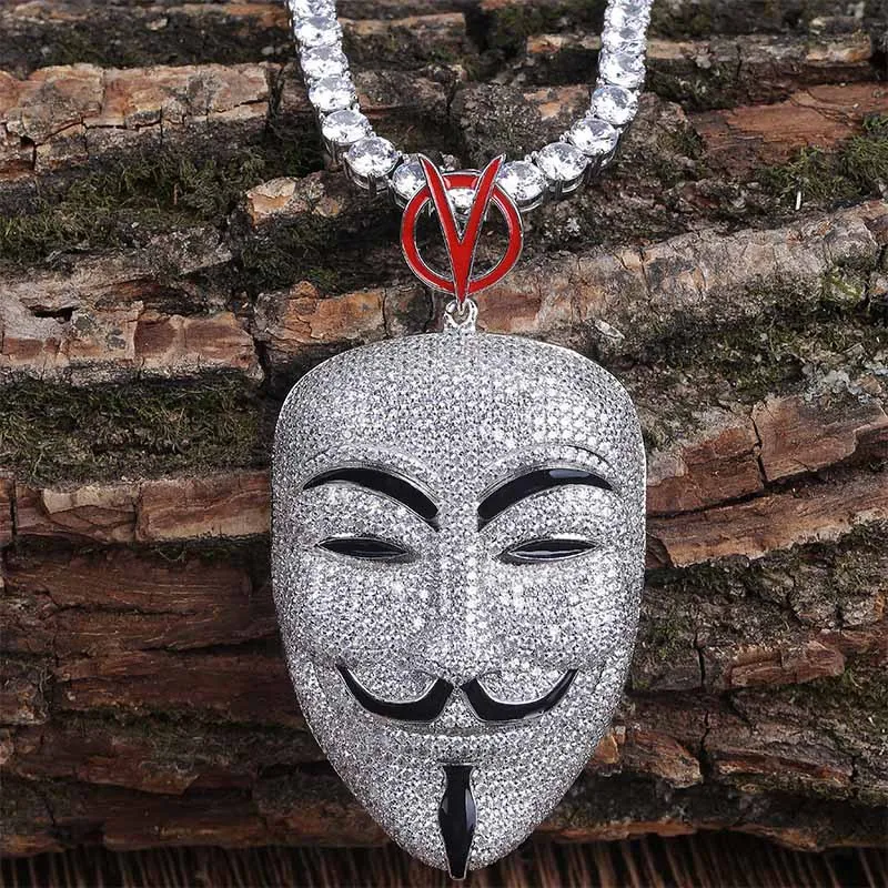 Collier Hip Hop V pour Vendetta couleur argent, pendentif masque en Zircon cubique pour hommes, chaîne de Tennis sur glace, rappeur, bijoux 239c