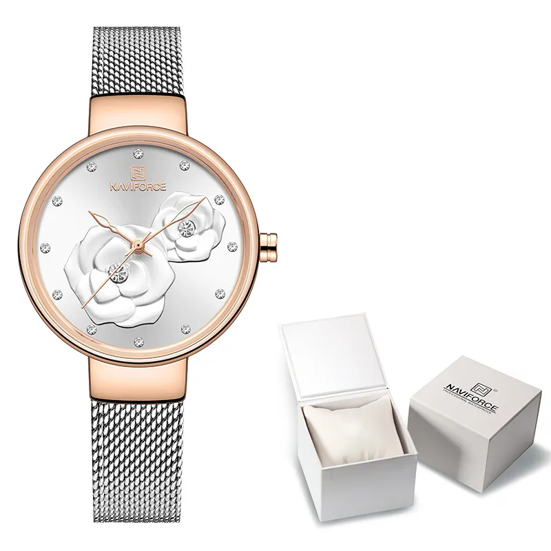 Новые женские часы NAVIFORCE розового золота, кварцевые часы, женские часы с роскошной коробкой, женские наручные часы, комплект часов для девочек 198U
