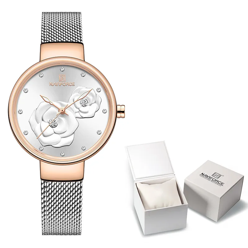 New Naviforce Rose Gold Women Watches 드레스 쿼츠 시계 숙녀 고급 상자 여성 손목 시계 소녀 시계 세트 184u