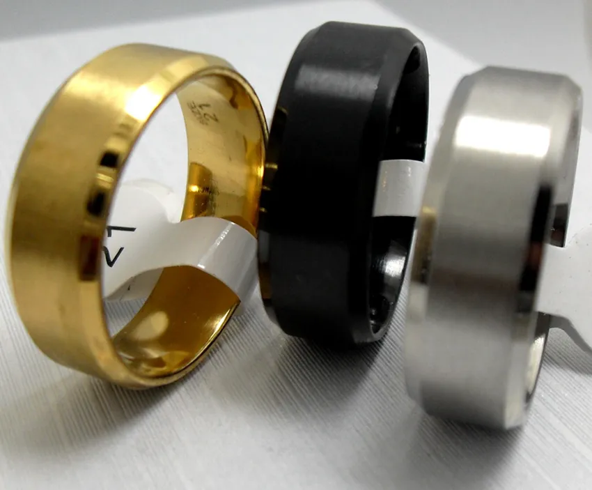 50 pçs preto ouro prata bordas chanfradas conforto-ajuste 8mm banda anéis de casamento de aço inoxidável anel de festa dos homens toda a moda jóias254f
