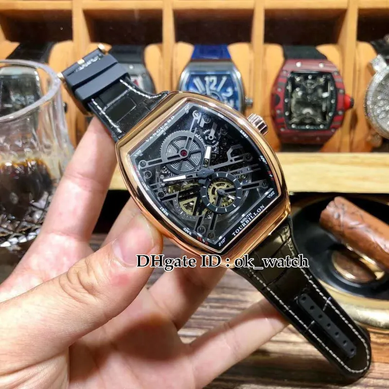 Neue Vanguard V 45 S6 SQT Roségoldgehäuse Automatik Herrenuhr Skelett schwarzes Zifferblatt Lederarmband Hochwertige Tourbillon Herren Sport223F