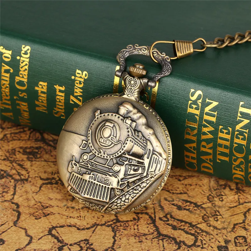 Vintage Bronze Train Front Locomotive Engine Railway Quartz Pocket Watch Steampunk Pendant Chain Womens Mens Gift283r