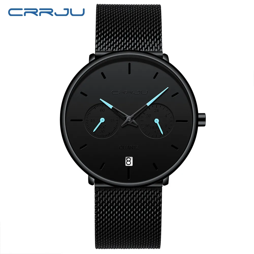 Montres de créateurs pour hommes CRRJU Montre étanche décontractée en acier pour homme Sport Montre à quartz Robe pour hommes Calendrier Montre Relogio 2129