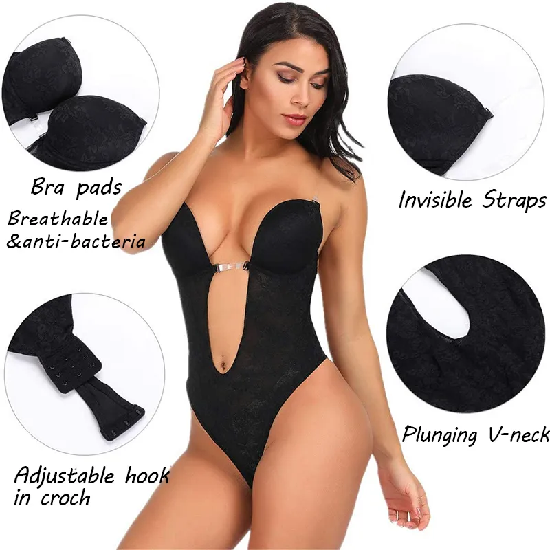 Waist Trainer Body Shaper Tummy Control Shapewear Women Deep V Bodysuit Invisible Strap Backless Plunge Thong Push Up Padded Bra T9513631