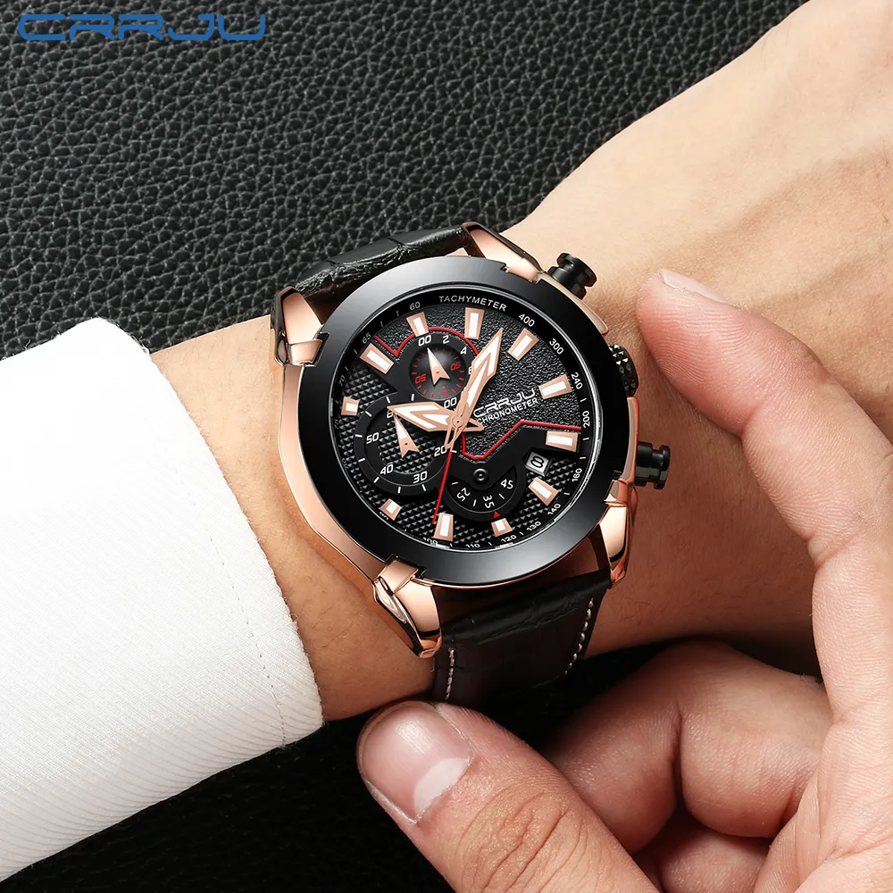 crrju men kronograph quartz watch men men luxury date luminous Wathproof Watches Leather Strap Dress Wristswatch Erkek Kol SA227L