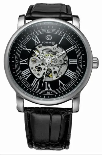 Forsining Montre série rétro Affichage squelette romain Cadran noir Horloge mécanique Rose Boîtier doré Montre automatique pour homme Top Marque Lu284I