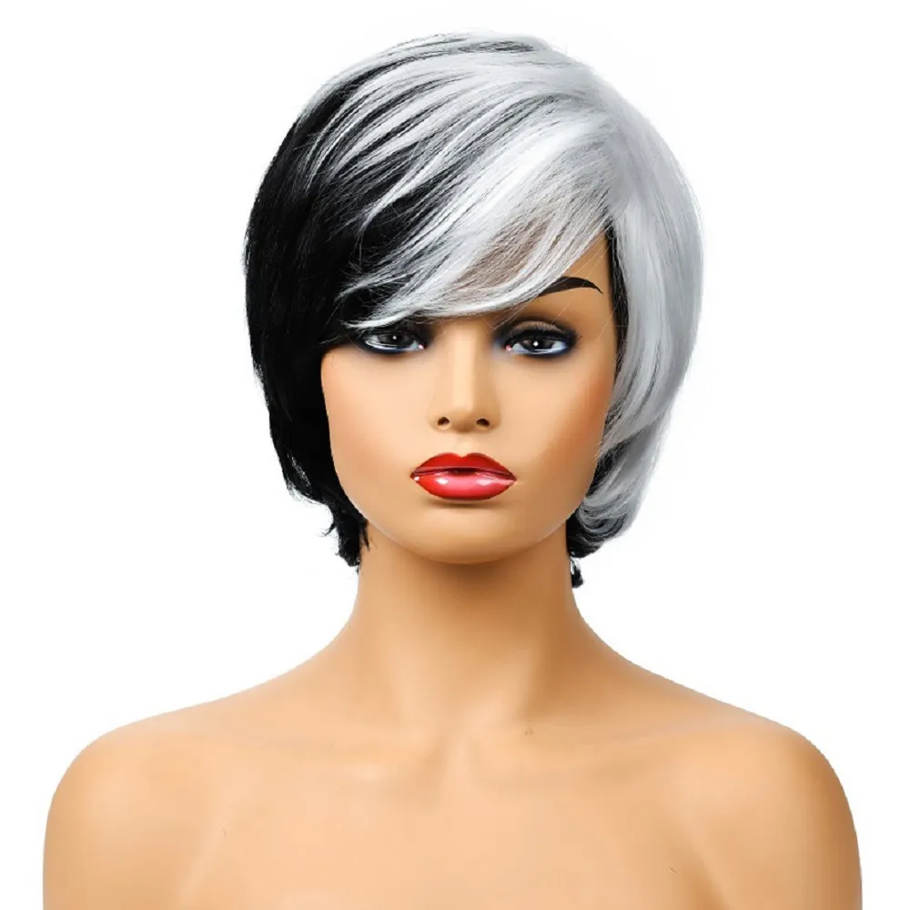 2020 Amazon vendant des perruques européennes et américaines Women039 Fashion Couleur mélangée à haute température Silk courte coiffure droite Wig2904703