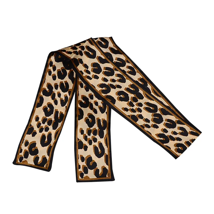 Leopard Print Scarf 47 2 In Ultra Length 100% Silk Handle Scarf Small Ribbon Hair Woman Headband Bag220Y