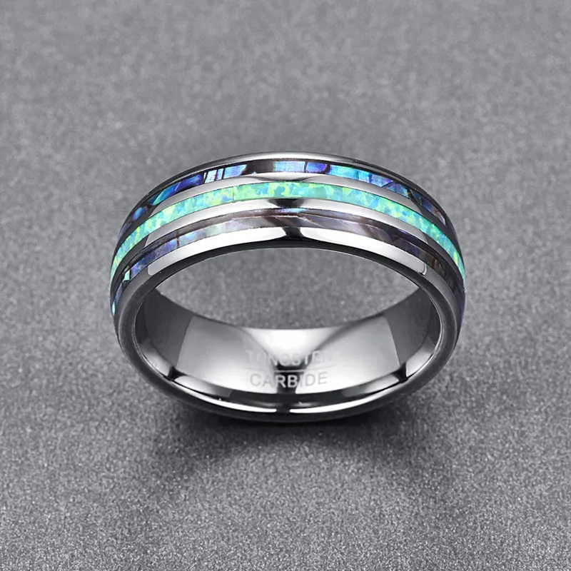 SOMEN 8mm Luxe zilveren kleur Tungsten Carbide Ring Blue Fire Opal Shell For Men Women Wedding Engagement Ring Bague Homme MX2009344849
