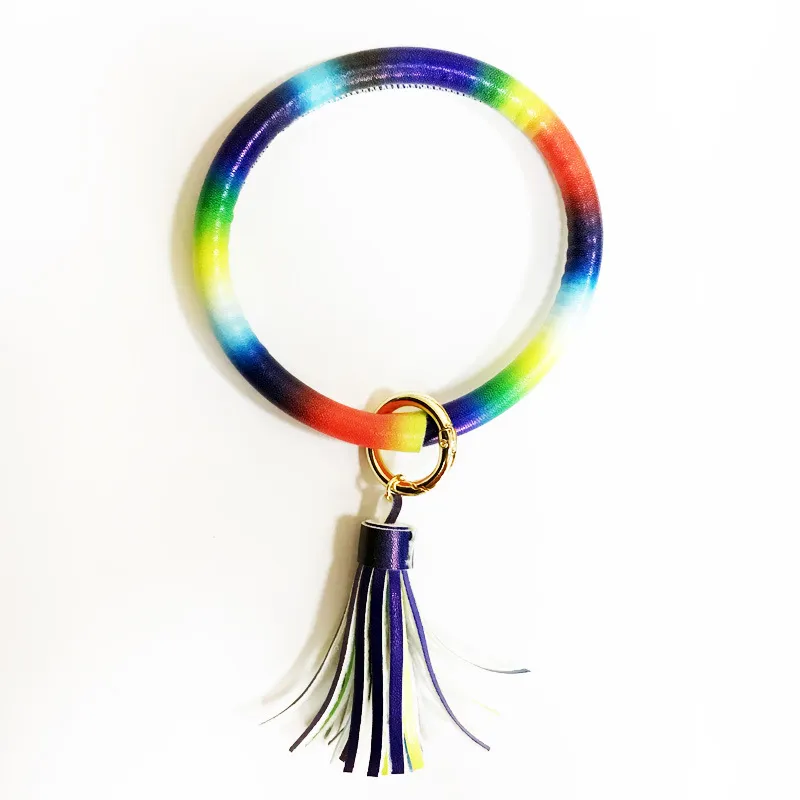 Colors PU Leather Round Tassel Bracelet Bangle Keychain For Women Trendy Rainbow Color Circle Wristlet Key Ring Wrist Strap284b